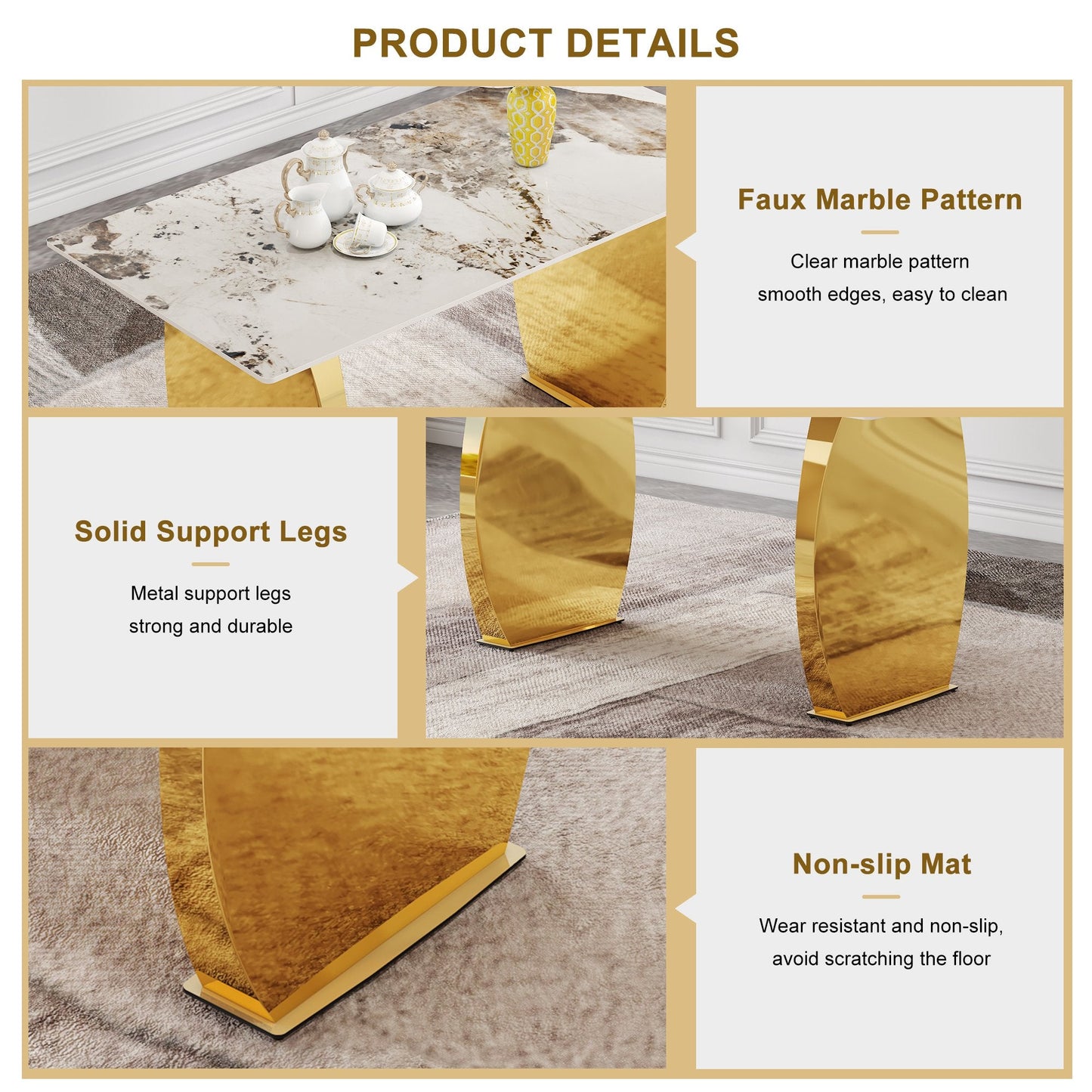 Sumdeal 63" Modern Sintered Stone Dining Table with 6 Velvet Dining Chairs,White pattened Table with Golden Leg,6 Beige Chairs