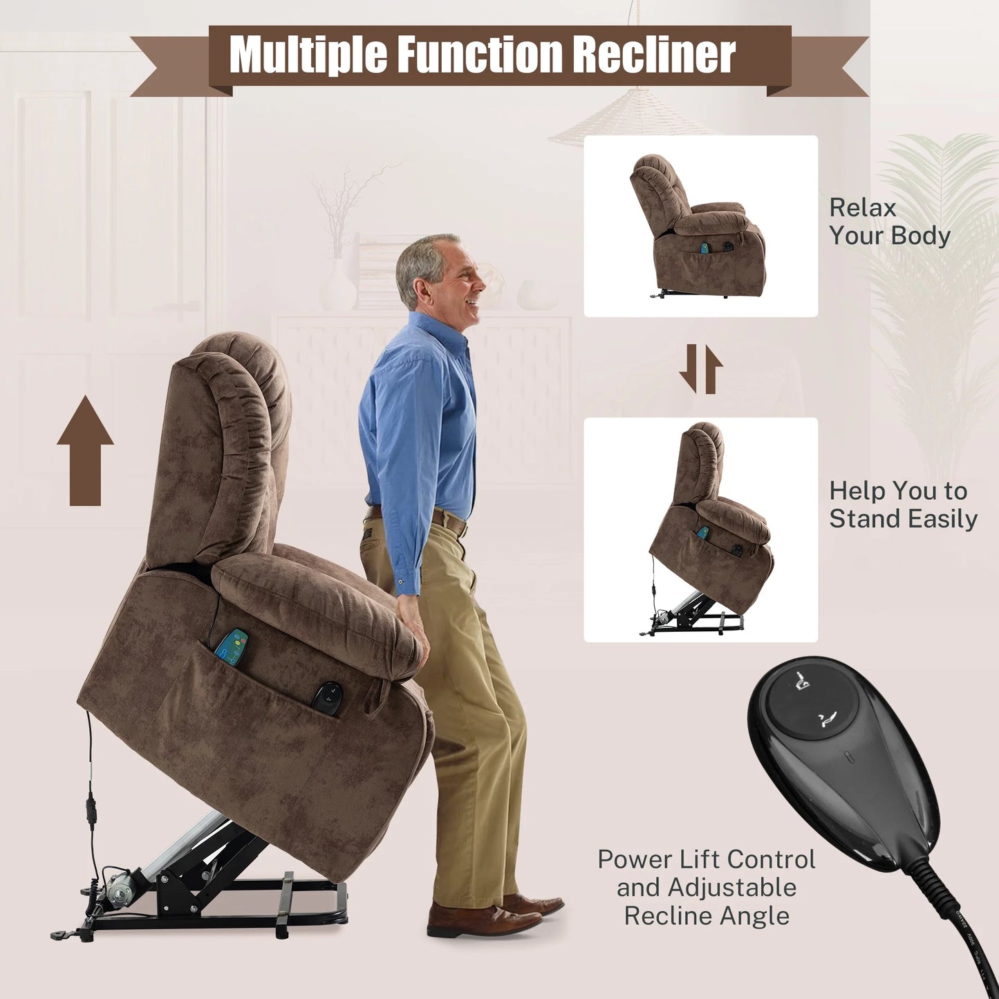 UHOMEPRO Recliner Chair for Living Room, Electric Heated Power Lift Recliner Chairs for Adults Elderly, Recliner Sofa for Seniors 330 lb Capacity with Side Pocket for Home Theater, Brown