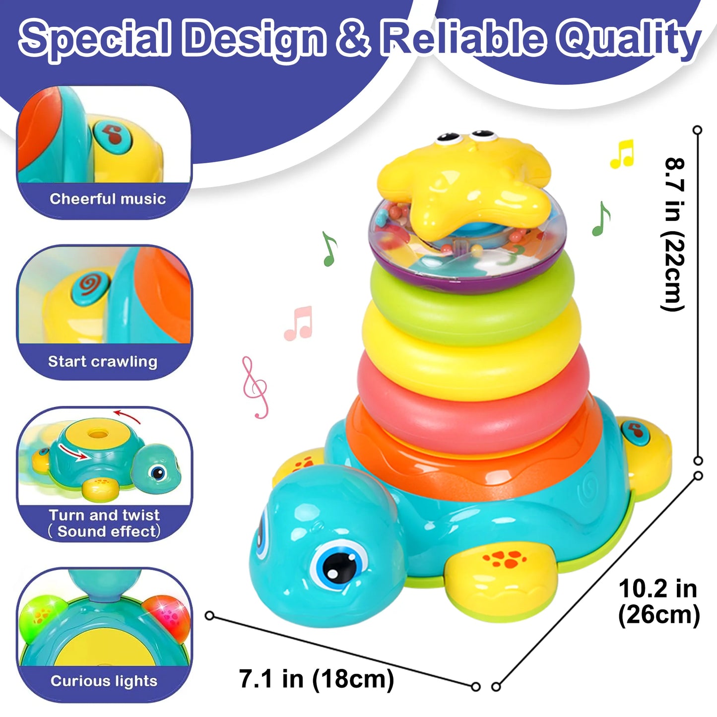 Richgv Baby Crawling Toys for 6-12 Months, Turtle Baby Toys Light up Musical Toys with Stacking Rings, Infant Tummy Time Toys for Boys Girls 1-3 Year