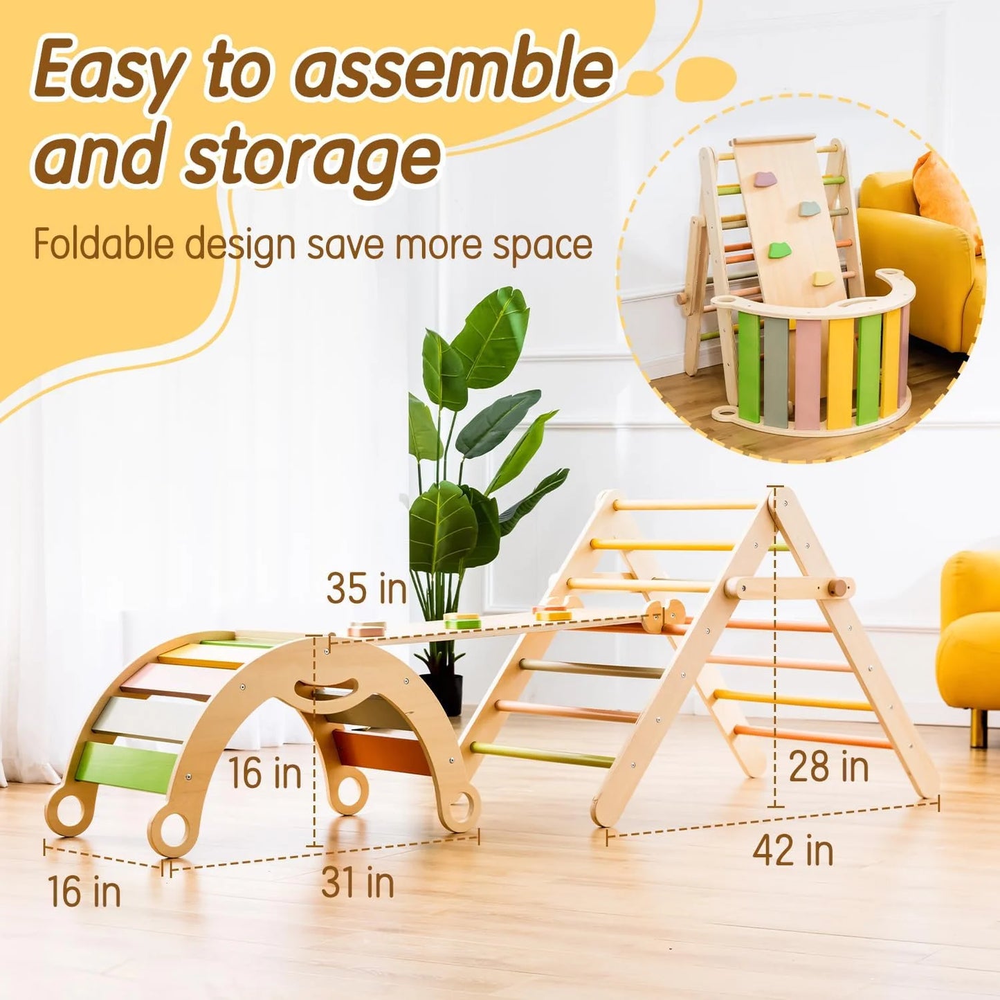 deli Wooden Montessori Pikler Triangle Climber Set for Toddlers, with Arch, Ramp, Ladder, and Indoor Jungle Gym for Kids
