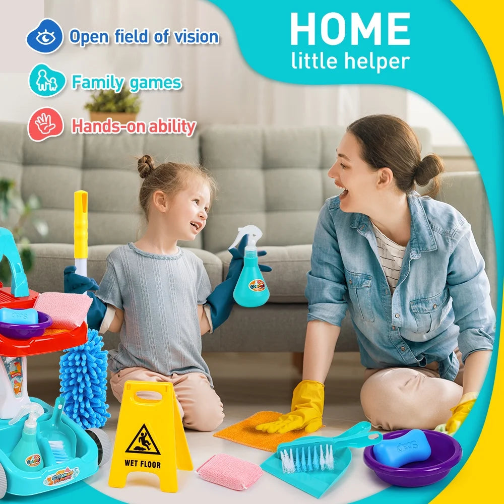 JoyStone Kids Cleaning Set Toys, 22PCS Pretend Play Housekeeping Supplies Kit Complete Includes Sweeping Broom, Mop, Duster, Dustpan, Brush, Rag, Housekeeping Cart Toys Gift for Kids