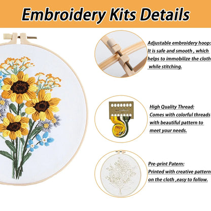 Embroidery Kit for Beginners,Jiaroutk 4 Sets Embroidery Starter Kit with Pattern and Instructions Craft Stamped Cloth with Sunflower Pattern Hoops Threads and Needles