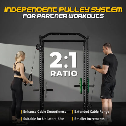 Mikolo Power Cage, Squat Rack, Dual Pulley Cable Crossover System, Multi-function Free Weight Home Gym Workout Machine with Strength Training Attachments