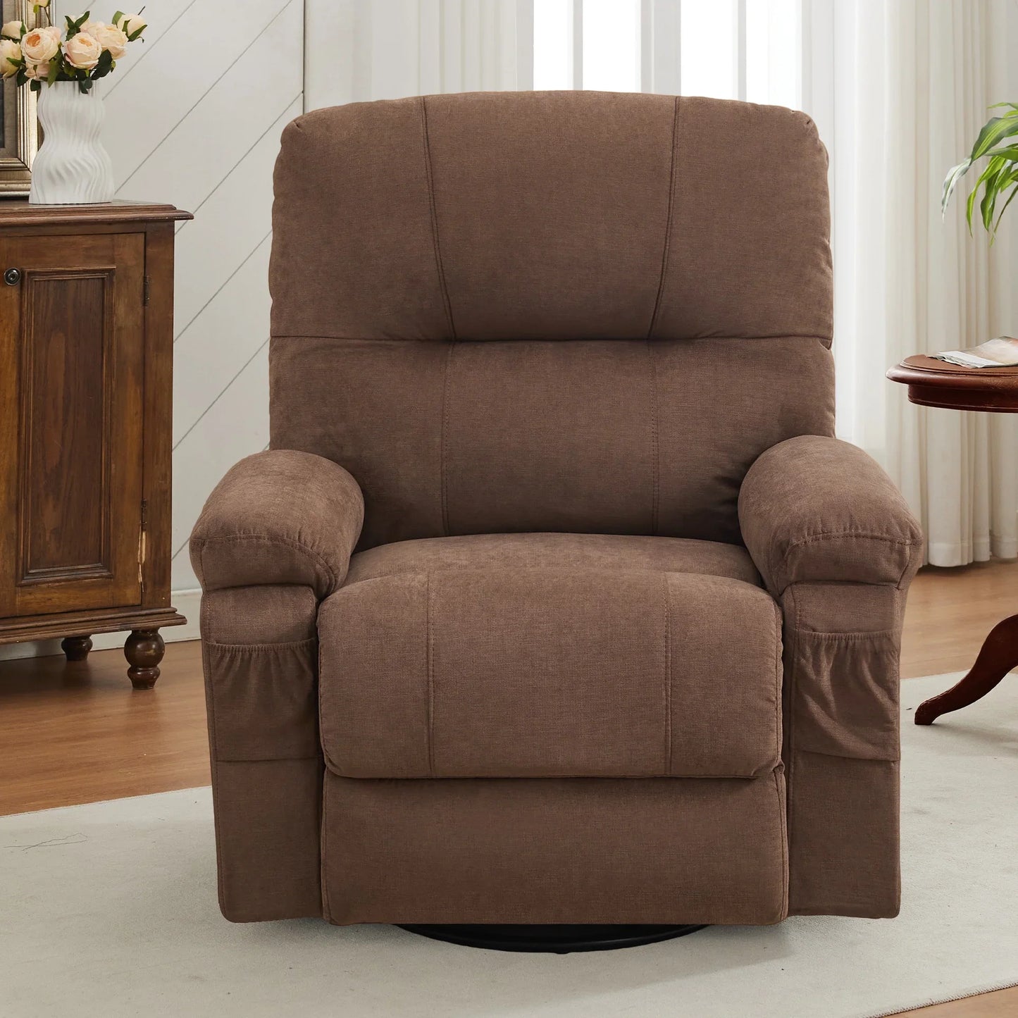 PAPROOS Swivel Rocking Recliner Chair, Linen Fabric Rocking Chair with Cup Holders and Side Pocket, 360 Degree Rotating Swing Recliner Sofa, Brown