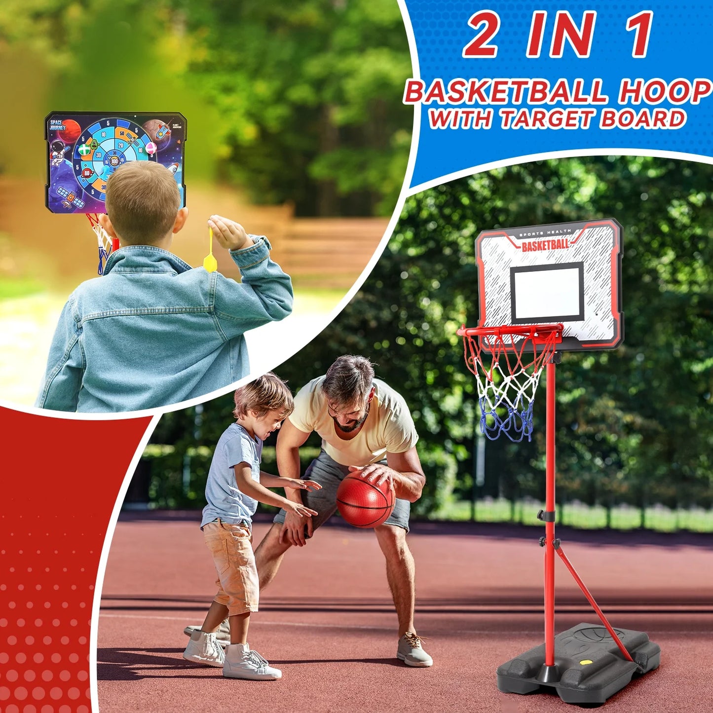 JoyStone Kids Basketball Hoop, 2-in-1 Toddler Basketball Goal with Dart Board & 4 Balls, Adjustable Height 2.9ft-6.2ft, Outdoor Basketball Toy Gifts for 3-12 Year Old Boys Girls