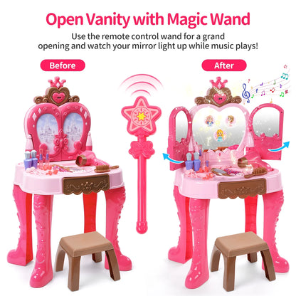 JoyStone Toddler Vanity Makeup Table with Mirror and Chair, Kids Pretend Play Vanity Set with Accessories and Lights and Music for 2-5 Years Old, Pink