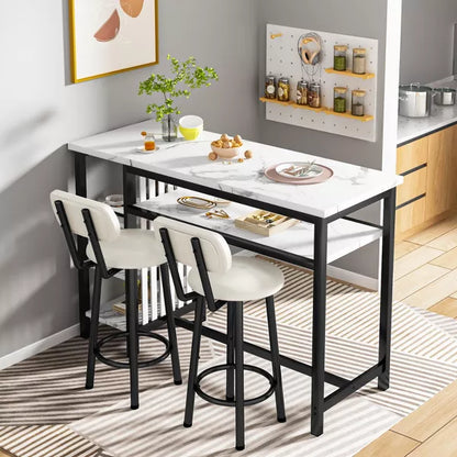 Hooseng 3-Piece Dining Room Table Set with 2 Upholstered Bar Stools, Modern Farmhouse Style Bar Table Set for 2 with Multiple Tier Storage Shelves