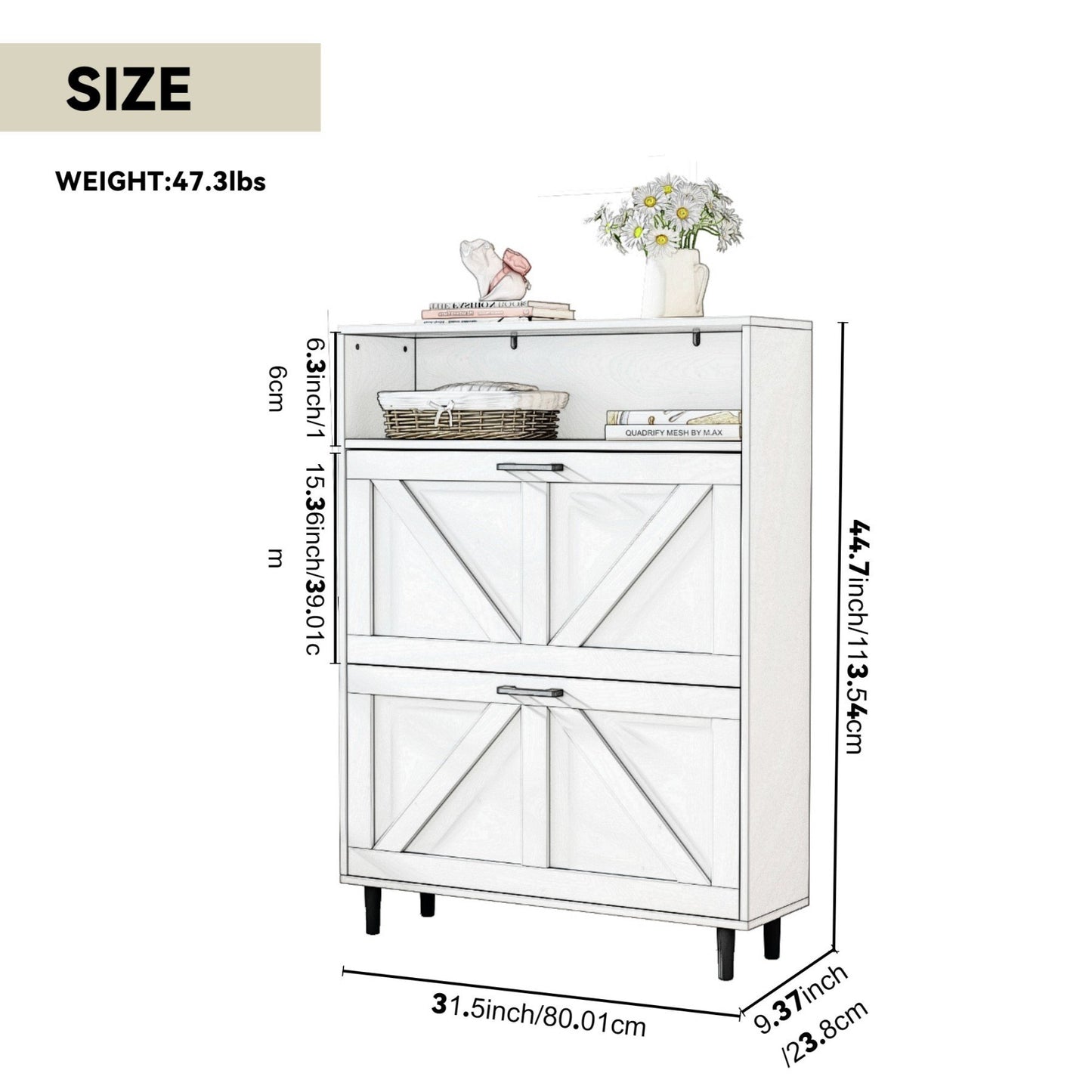 Farmhouse Shoe Cabinet Storage with Barn Door Design, Shoe Organizer with 2 Flip Drawers, Freestanding Narrow Shoe Rack Cabinet with Hooks for Entryway,Foyer,Hallway(Antique White)