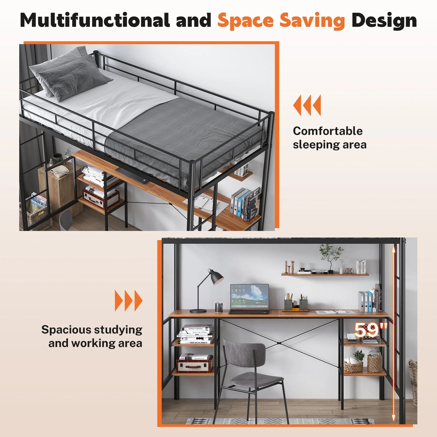 UHOMEPRO Twin Loft Bed with Desk, Metal Frame, 4 Storage Shelves, Ladders and Safety Rails, Black