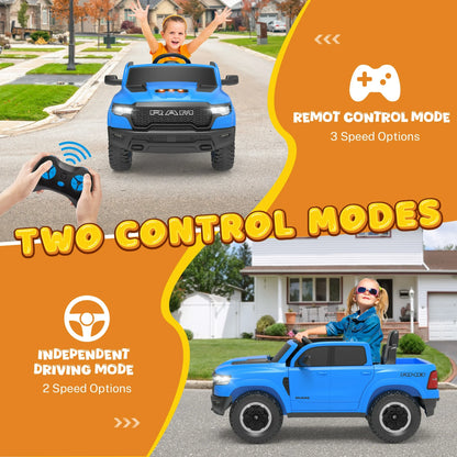 RAM Ride on Car, 12V Powered Ride on Toy with Remote Control, 4 Wheel Suspension, 5 Point Safety Belt, MP3 Player, Bluetooth, LED Lights, Electric Cars for 3-6 Years Boys Girls, Blue