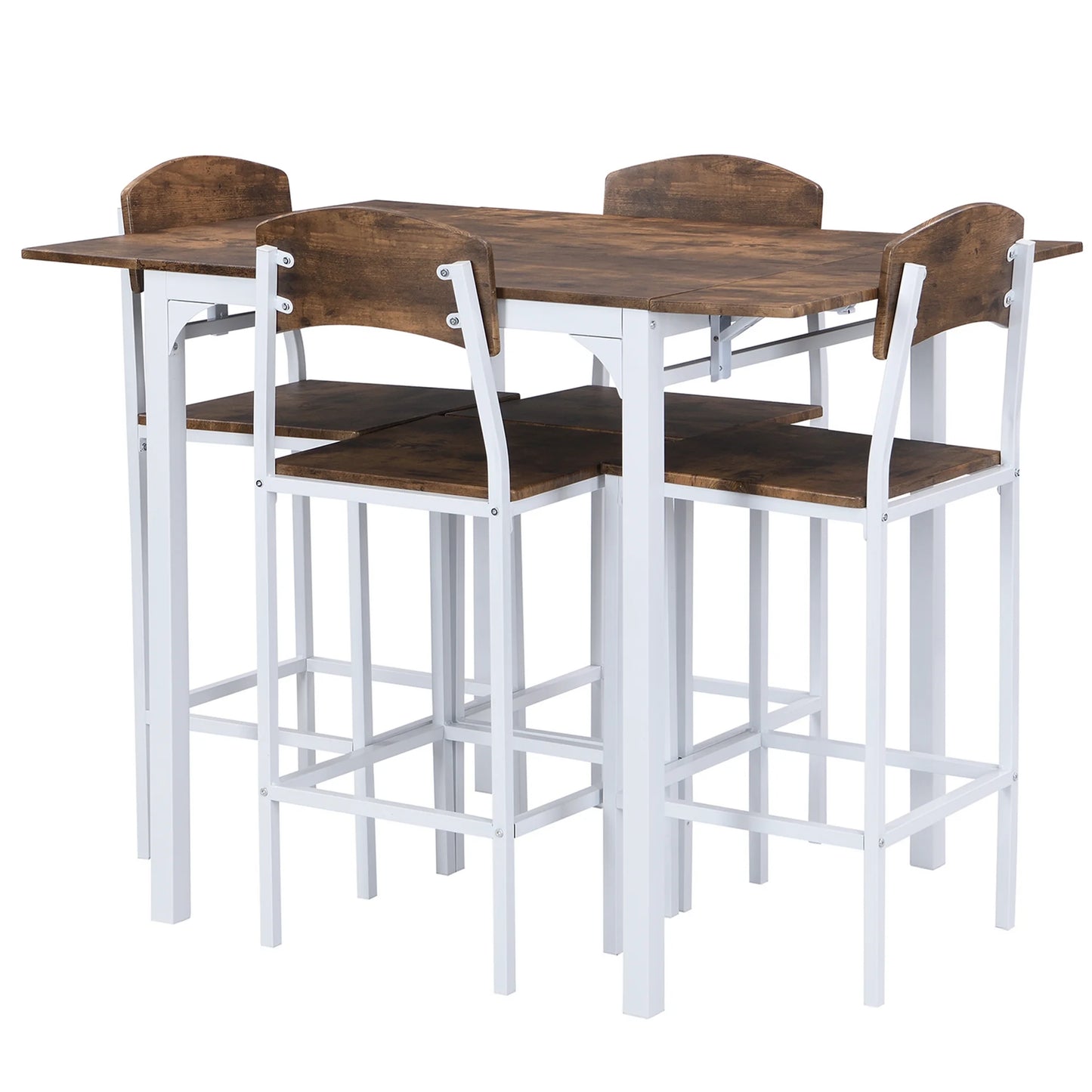 Sesslife 5 Piece Wooden Counter Height Dining Set, Drop Leaf Table with 4 Dining Chairs for Small Space, White+Brown
