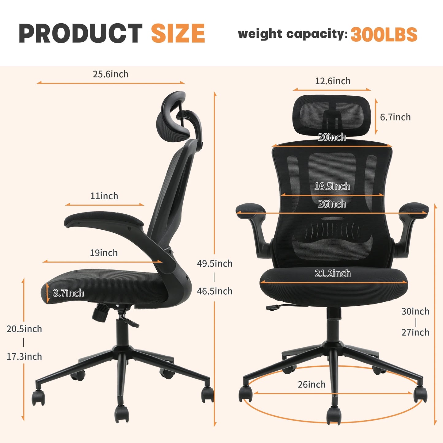 TrumanPick Ergonomic Office Chair, High Back Adjustable Computer Desk Chair with Lumbar Support, 300lb, Black