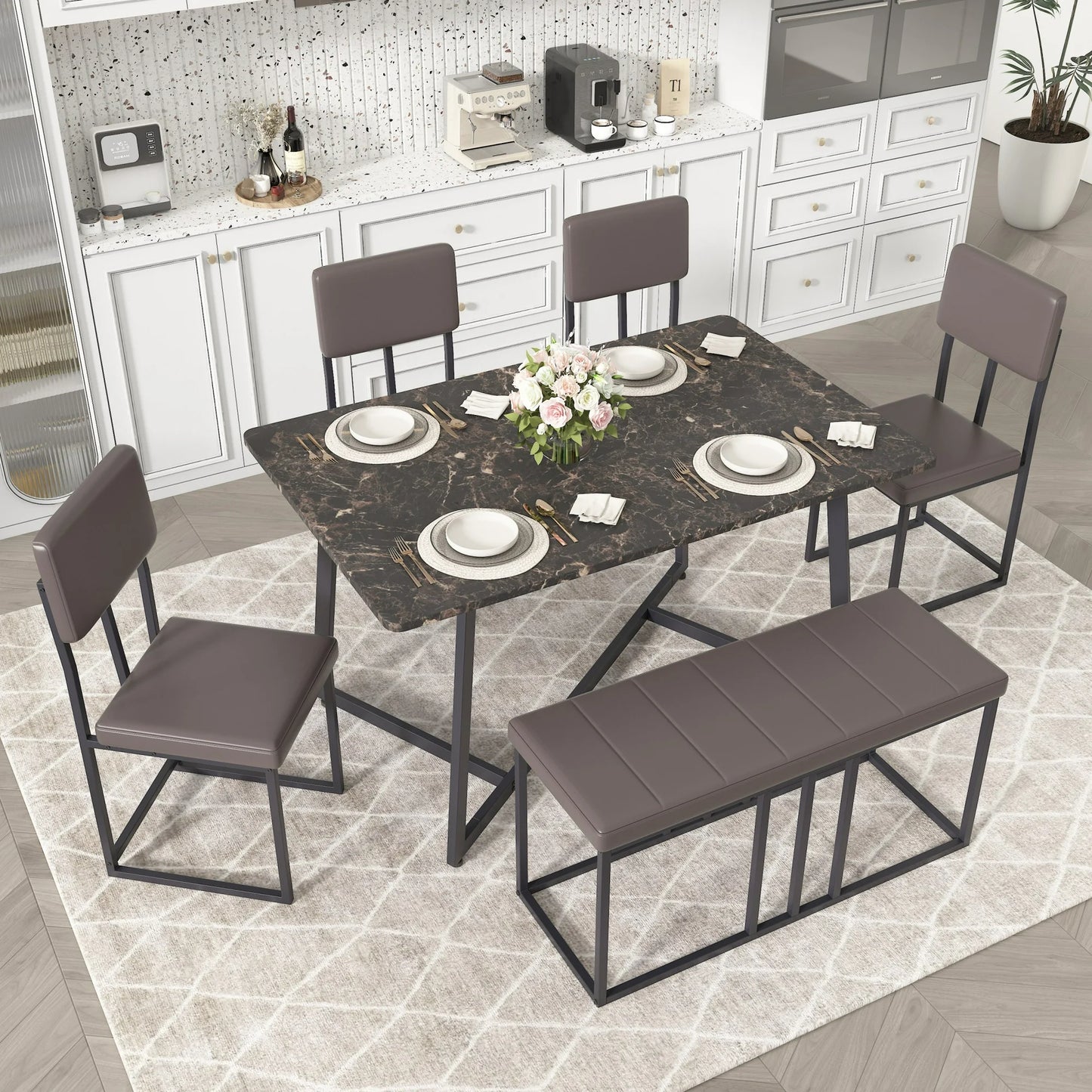 UHOMEPRO 6-Piece Dining Room Set, Faux Marble Dining Table with 4 Leatherette Chairs & Bench Set, Modern Rectangular Kitchen Table Set for Bar Living Room Small Space, Space-Saving Design, Brown