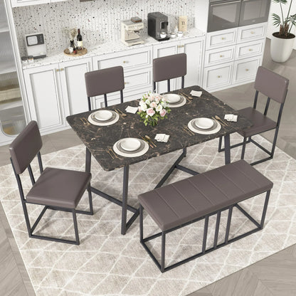 UHOMEPRO 6-Piece Dining Room Set, Faux Marble Dining Table with 4 Leatherette Chairs & Bench Set, Modern Rectangular Kitchen Table Set for Bar Living Room Small Space, Space-Saving Design, Brown