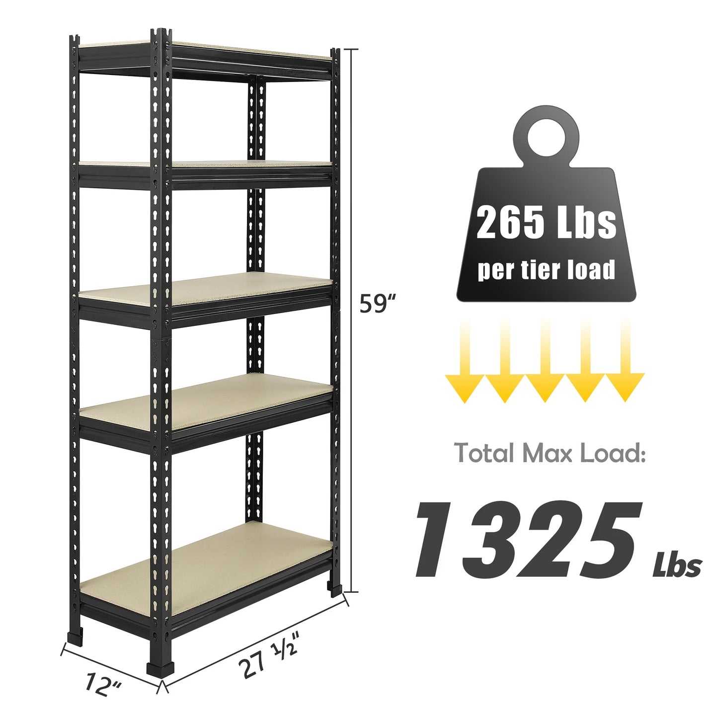 TrumanPick 5 Tire Storage Shelves 28" W x 12" D x 59" H Metal Utility Shelving Unit Adjustable Heavy Duty Garage Storage Rack for Kitchen Basement Pantry Warehouse Cloest, 1325lbs, Black