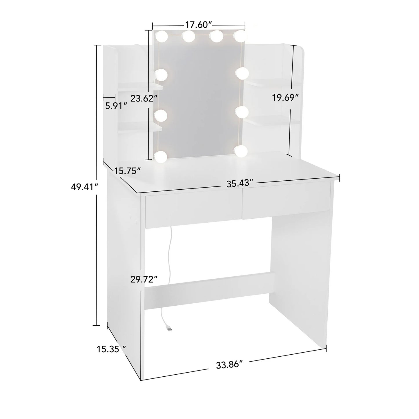 UHOMEPRO Vanity Desk with Lighted Mirror, Vanity Table Makeup Desk with 2 Drawers and 6 Storage Shelves, Bedroom Large Vanity for Girls Women, White