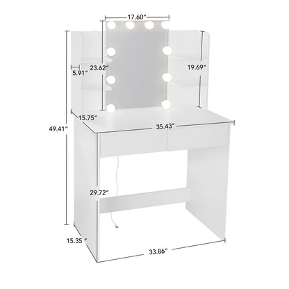 UHOMEPRO Vanity Desk with Lighted Mirror, Vanity Table Makeup Desk with 2 Drawers and 6 Storage Shelves, Bedroom Large Vanity for Girls Women, White