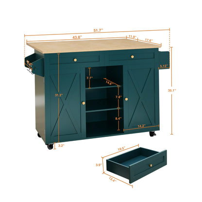 CBJCBJ 51.7" Rolling Kitchen Island Foldable, Adjustable Shelf & 2 Storage Doors - Mobile Kitchen Cart, Breakfast Bar with Storage (Green)