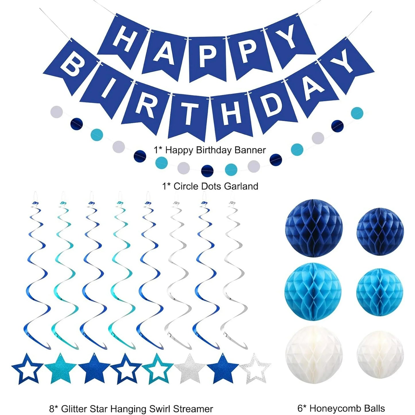 Blue Birthday Party Decorations for Men Women- Navy Blue Happy Birthday Banner with Honeycomb Balls, Star Hanging Swirl Streamer, Circle Dot Garland Decroations