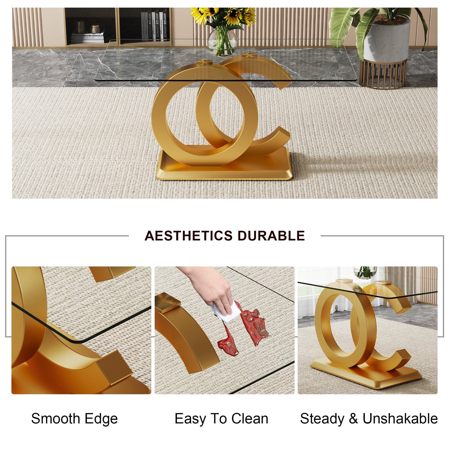 63" Modern Glass Dining Table Set with 6 White Pu Leather Chairs, 7 pieces of Dining room Set for Kitchen Dining Room Living Room Office