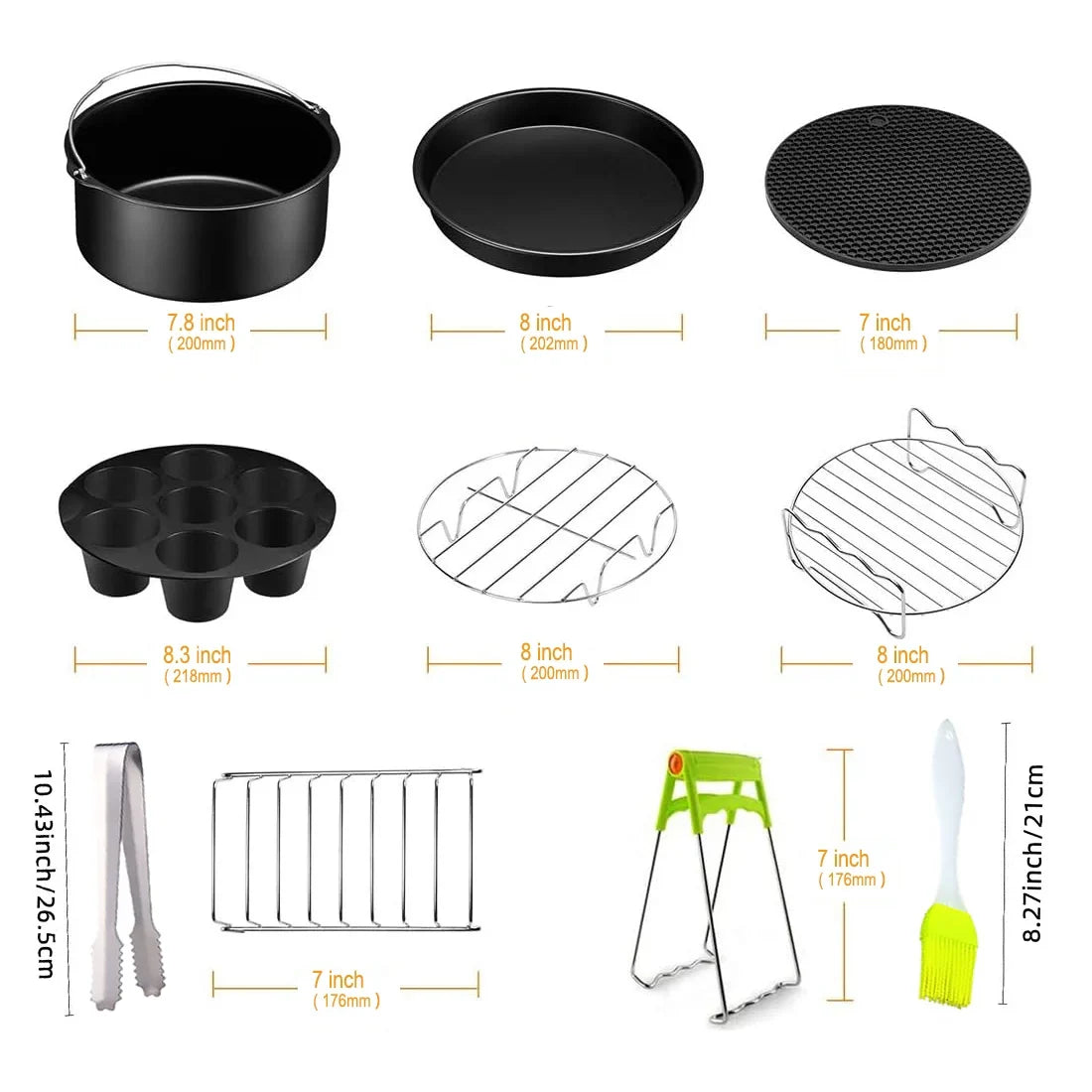 Air Fryer Accessories - 8 Inch Set of 10 Pcs Compatible for Ninja Foodi Cosori instant Pot, Fit 4 - 6.8QT Accessories for Air Fryer with Cake Pan, Pizza Pan, Air Fryer Liner (Set of 10)