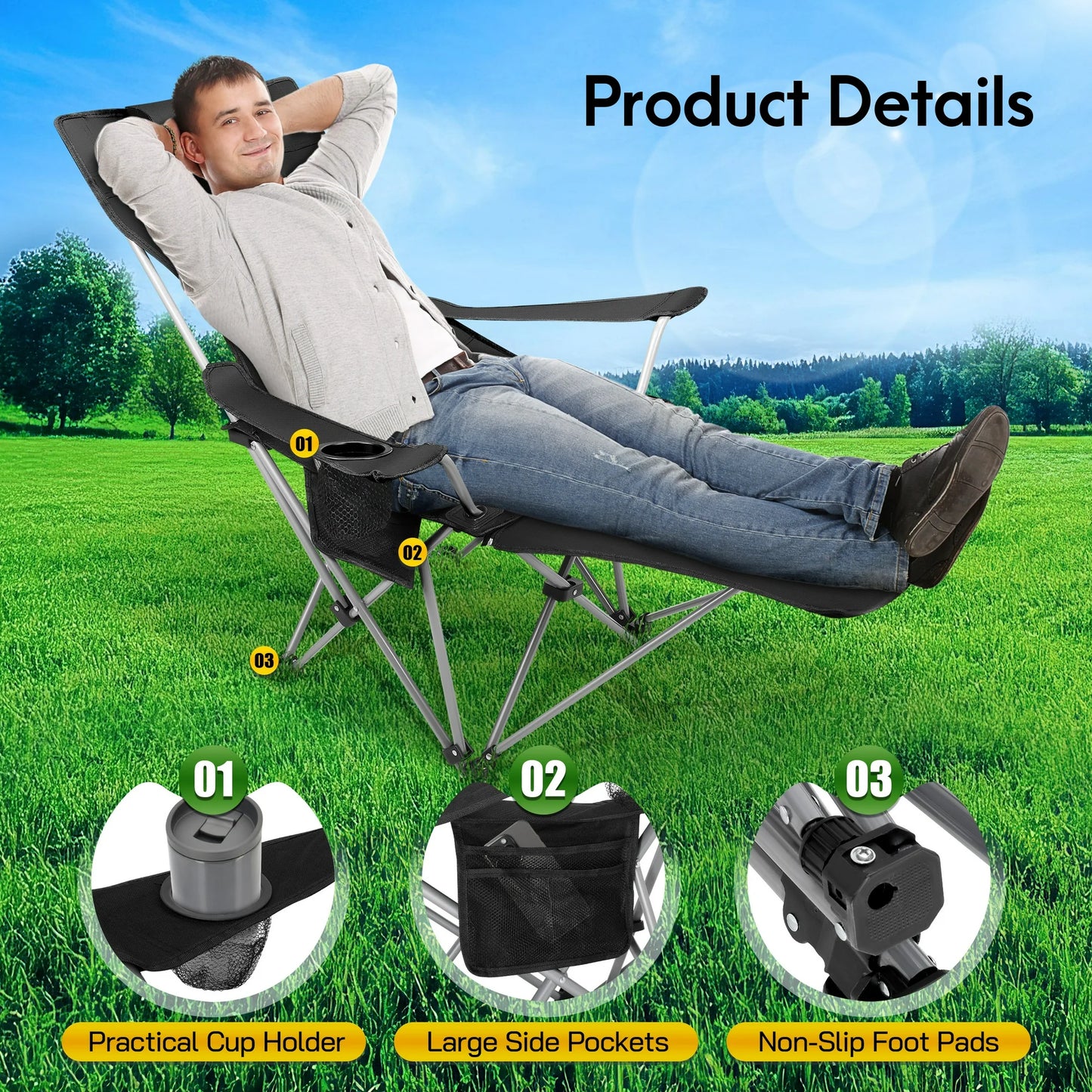 AMTPM Camping Chairs, Adjustable Folding Chairs 330lbs with Detachable Footrset for Camping Hiking Gardening Travel Beach Picnic, Adult