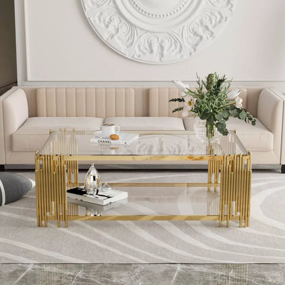 Dolonm Stainless Steel Rectangle Glass Coffee Table for Living Room 51.18" Modern Center Table with Clear Tempered Glass 8mm Gold Leg