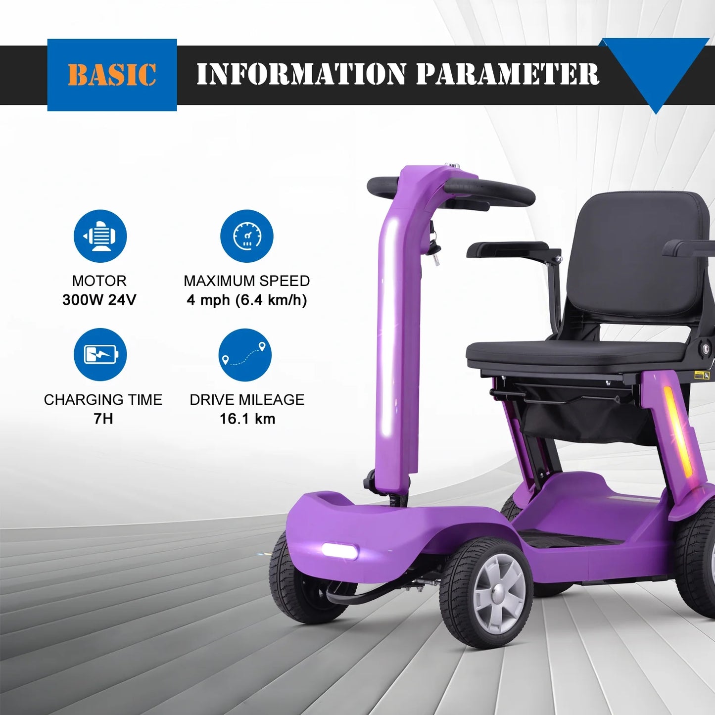 SKRT Foldable Mobility Scooter for Adults & Senior, 4 Wheels Powered Device for Travel, Lightweight and Portable, with LED Strip Light, Storage Bag, Charger Included, No Assemble required
