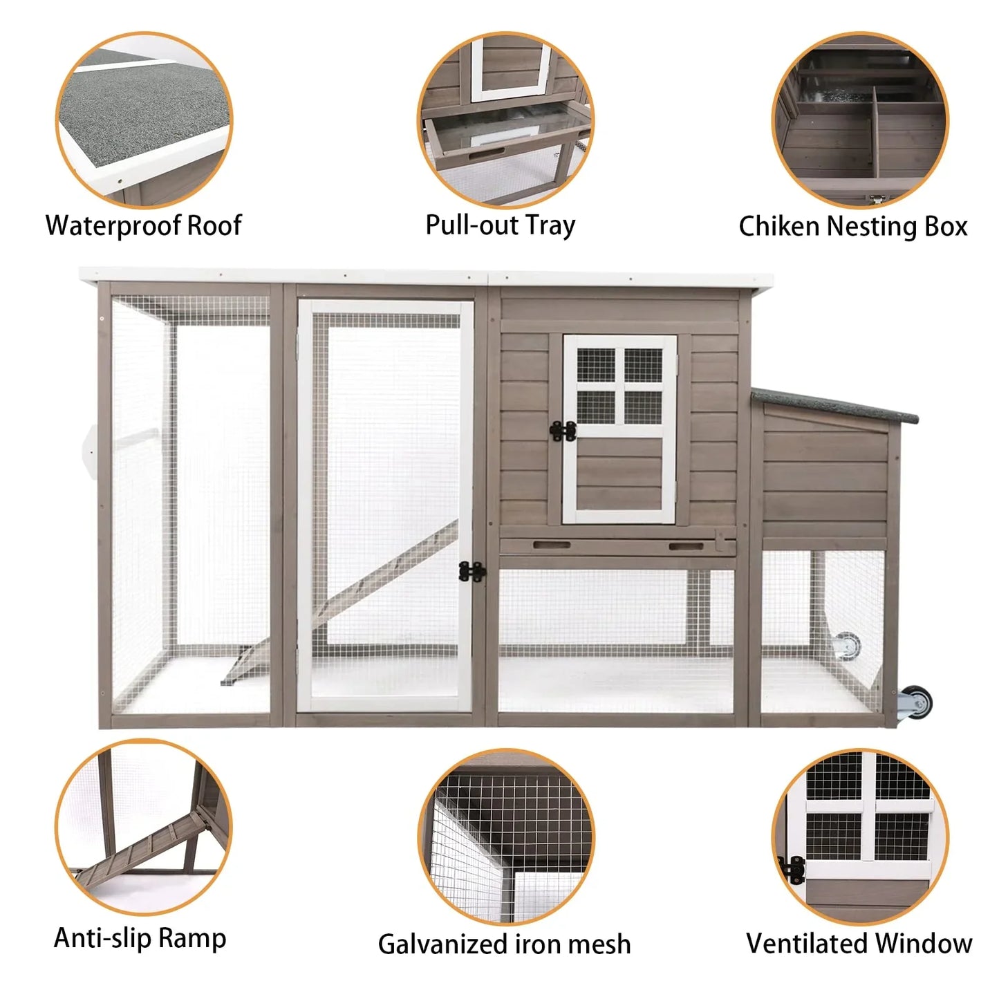 PETSCOSSET 75" Chicken Coop 2-Story Large Wooden Chicken Cage with Wheels, Nesting Box, Asphalt Roof, Removable Tray and Ramp for 1-4 Chickens, Grey