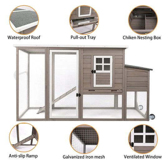 PETSCOSSET 75" Chicken Coop 2-Story Large Wooden Chicken Cage with Wheels, Nesting Box, Asphalt Roof, Removable Tray and Ramp for 1-4 Chickens, Grey