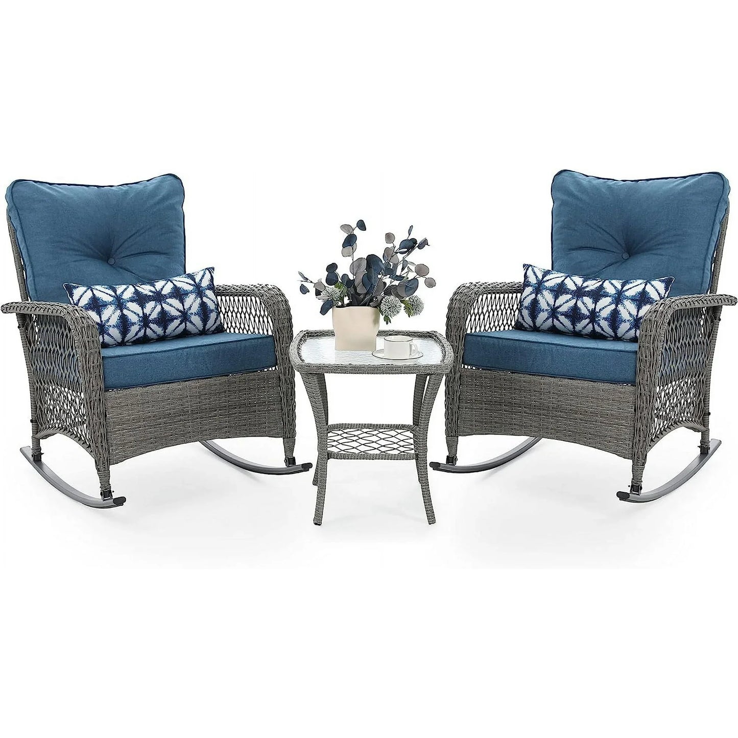 UDPATIO 3 Piece Patio Set Rocking, Rattan Outdoor Rocking Patio Bistro Set for Backyard, Porch, Balcony, Poolside(Blue)