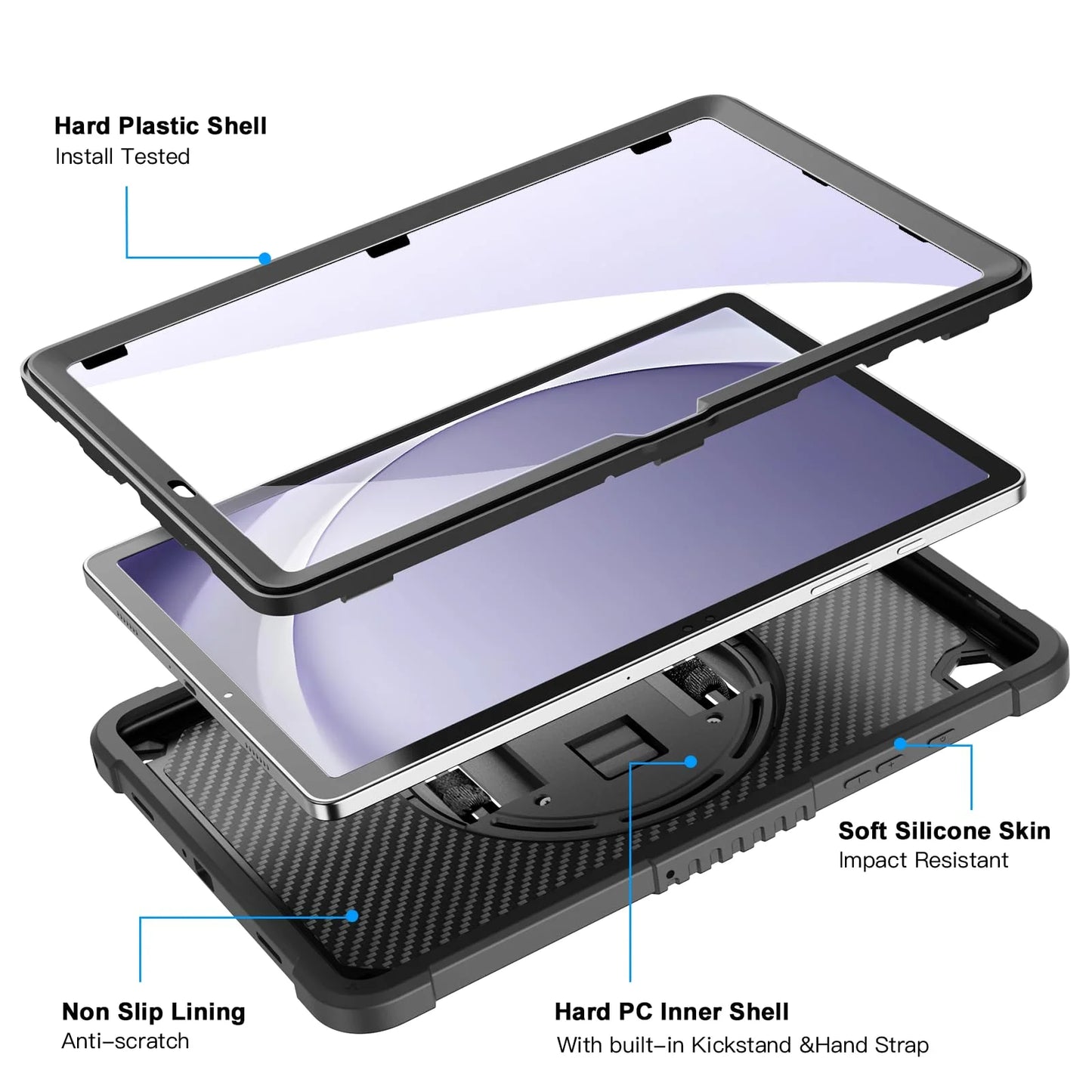 Cases for Samsung Galaxy Tab A9+/ A9 Plus 11" 2023, Shockproof Hard Duty Case with 360 Rotating Hand Strap & Stand, Shoulder Strap for SM-X210/ X216/ X218, Black