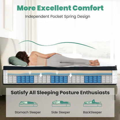 Queen Mattress, PENTINM 12 Inch Memory Foam Mattress in a Box, Cool Hybrid Individual Pocket Springs Queen Size Mattress with Breathable Knitted Fabric and Edge Support, Medium Firm, White