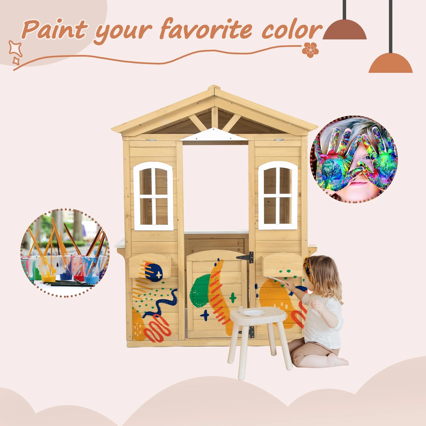 Outdoor Playhouse Wooden Playhouses for Toddlers Ages 4-8 with Flowerpot Holder, Mailbox, Outdoor Toy Playset for Kids Gift outside or inside, 39" L x 38"L x 55.5" L