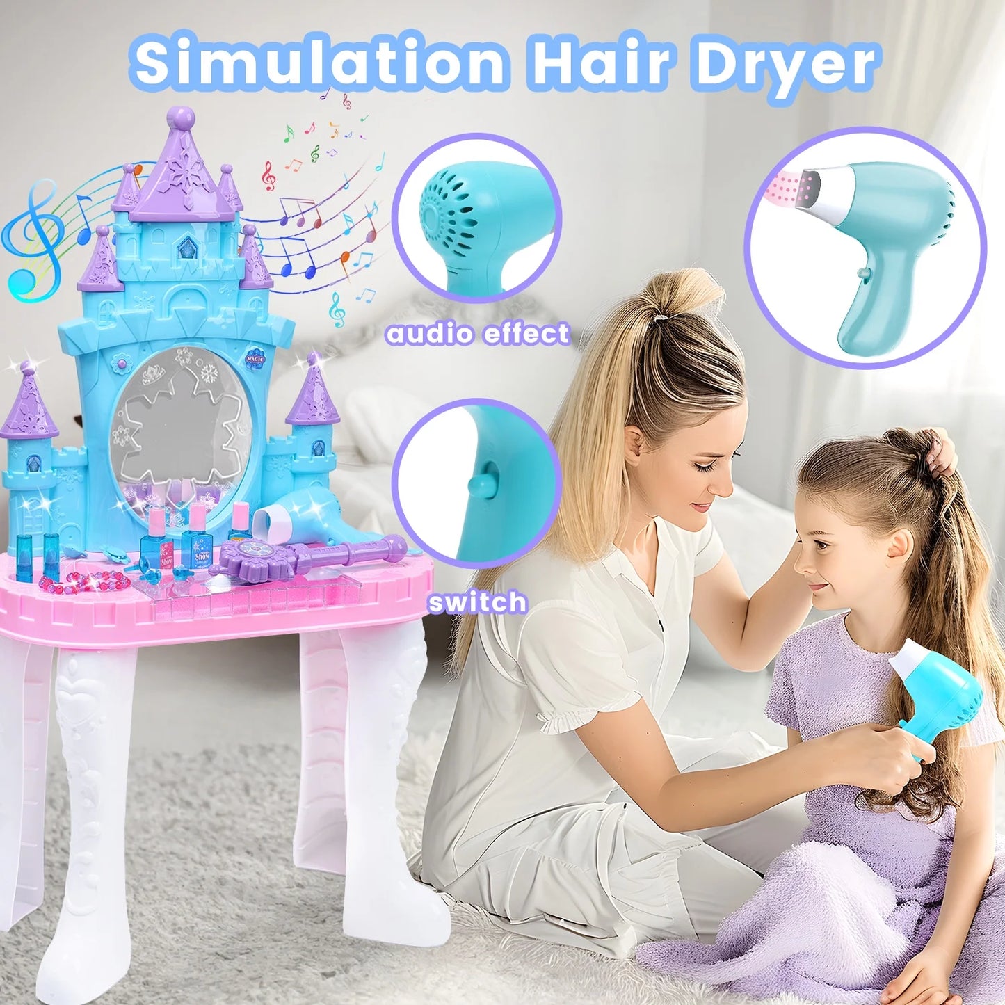 JoyStone Toddler Makeup Table with Mirror and Chair, Kids Makeup Vanity Set with Accessories and Lights and Music Sounds, Makeup Accessories & Blowdryer for Toddlers 2-5 Years Old