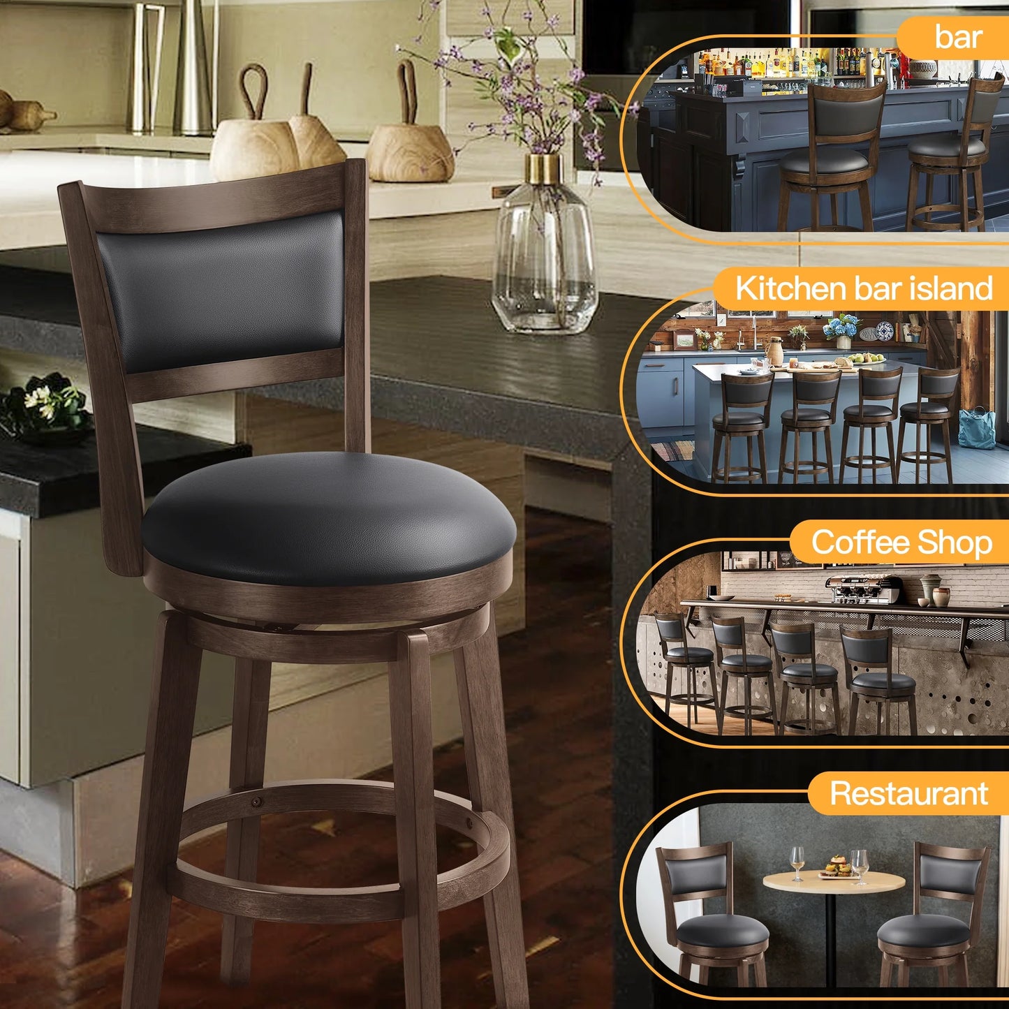 ConzyFancy Set of 2 Swivel Counter Height Barstool 26 Inch Seat Bar Stools Kitchen Bar Chairs for Dining Room Cappuccino