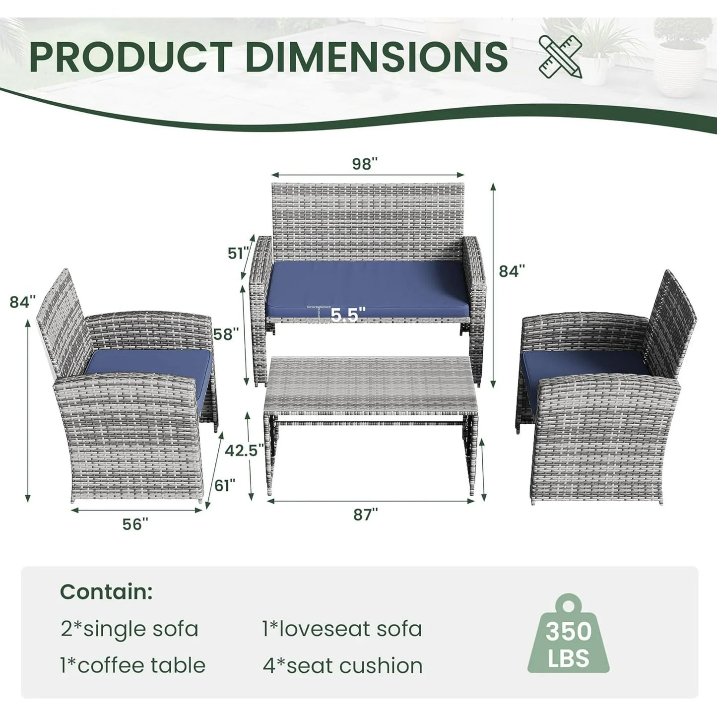 UDPATIO Patio Furniture Set 4 Pieces Outdoor Furniture with Soft Cushion and GlassTable, All Weather Manual Weaving WickerRattan Patio Chairs for Garden, Terrace, Porch,Lawn (Gray/Blue)