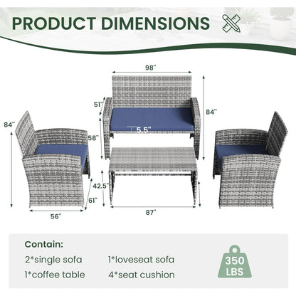 UDPATIO Patio Furniture Set 4 Pieces Outdoor Furniture with Soft Cushion and GlassTable, All Weather Manual Weaving WickerRattan Patio Chairs for Garden, Terrace, Porch,Lawn (Gray/Blue)