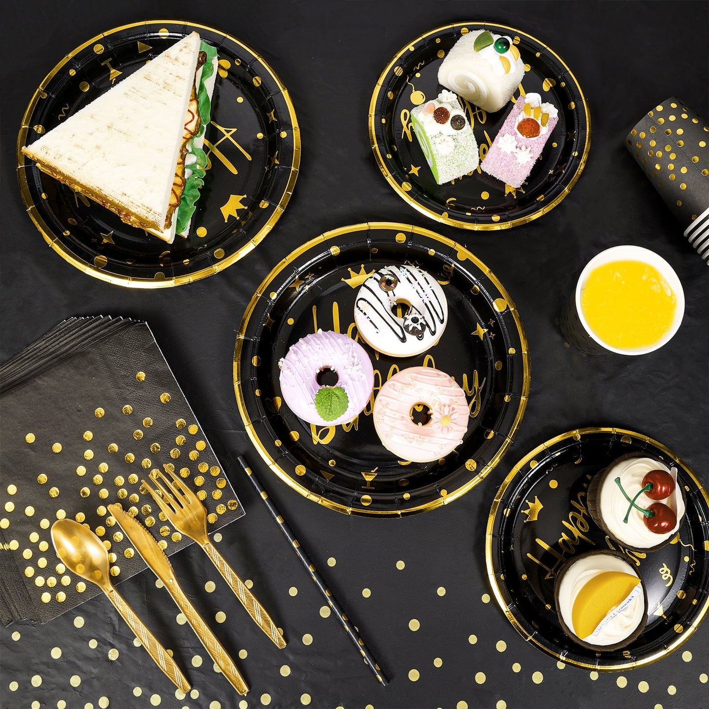 201Pcs Happy Birthday Party Supplies, Black Gold Dinnerware Set Paper Plates Napkins Plastic Tablecloth Forks Knives Spoons Serve 25 for Men Women
