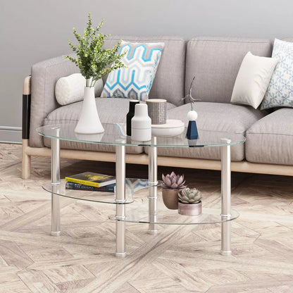 NicBex Coffee Tables for Living Room Modern Transparent Oval Glass Coffee Table Tea Table 3-layer Glass Table with Stainless Steel Leg, Transparent