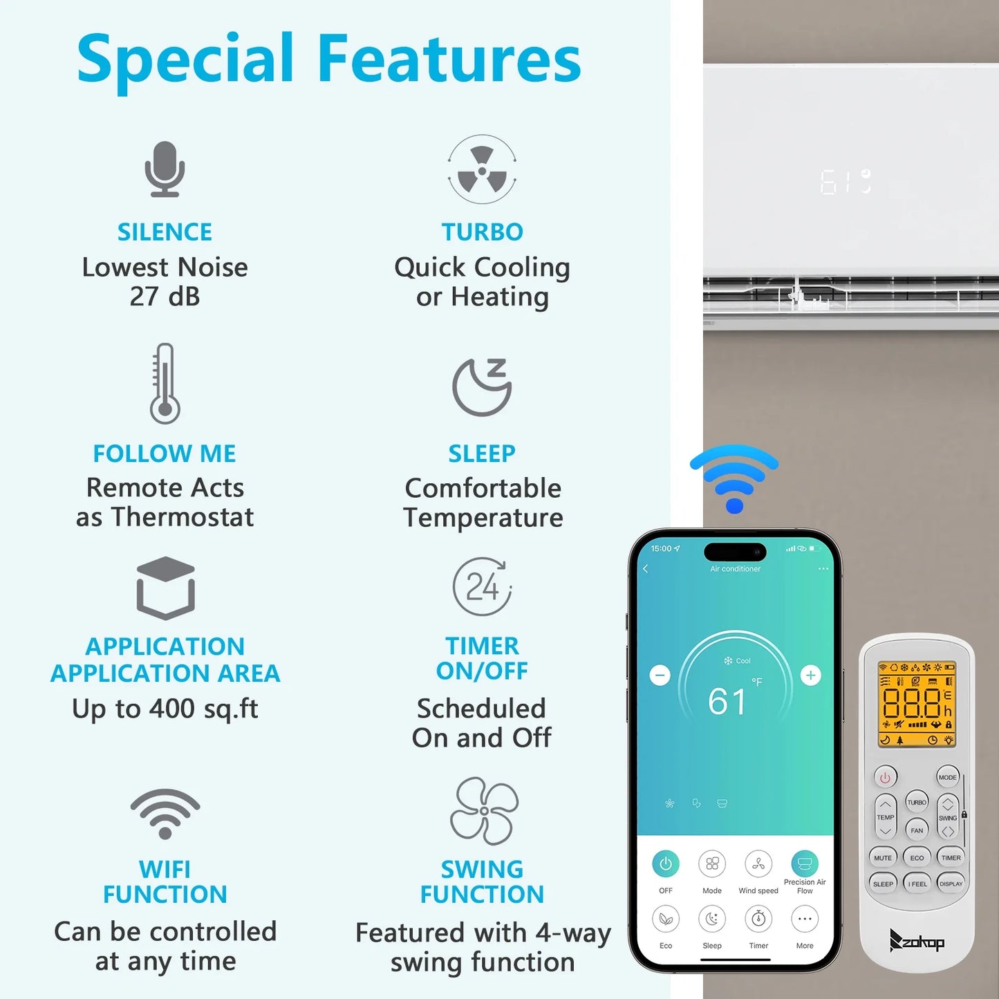 Ktaxon 2 Zone 9000 + 9000 BTU WIFI Mini Split AC/Heating System, 19 SEER2 Dual Zone 18000 BTU Ductless Split Air Conditioner with Pre-Charged Condenser, Heat Pump & 25Ft Installation Kit, 208-230V