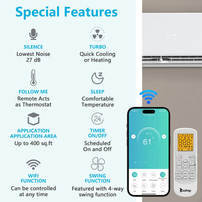 Ktaxon 2 Zone 9000 + 9000 BTU WIFI Mini Split AC/Heating System, 19 SEER2 Dual Zone 18000 BTU Ductless Split Air Conditioner with Pre-Charged Condenser, Heat Pump & 25Ft Installation Kit, 208-230V