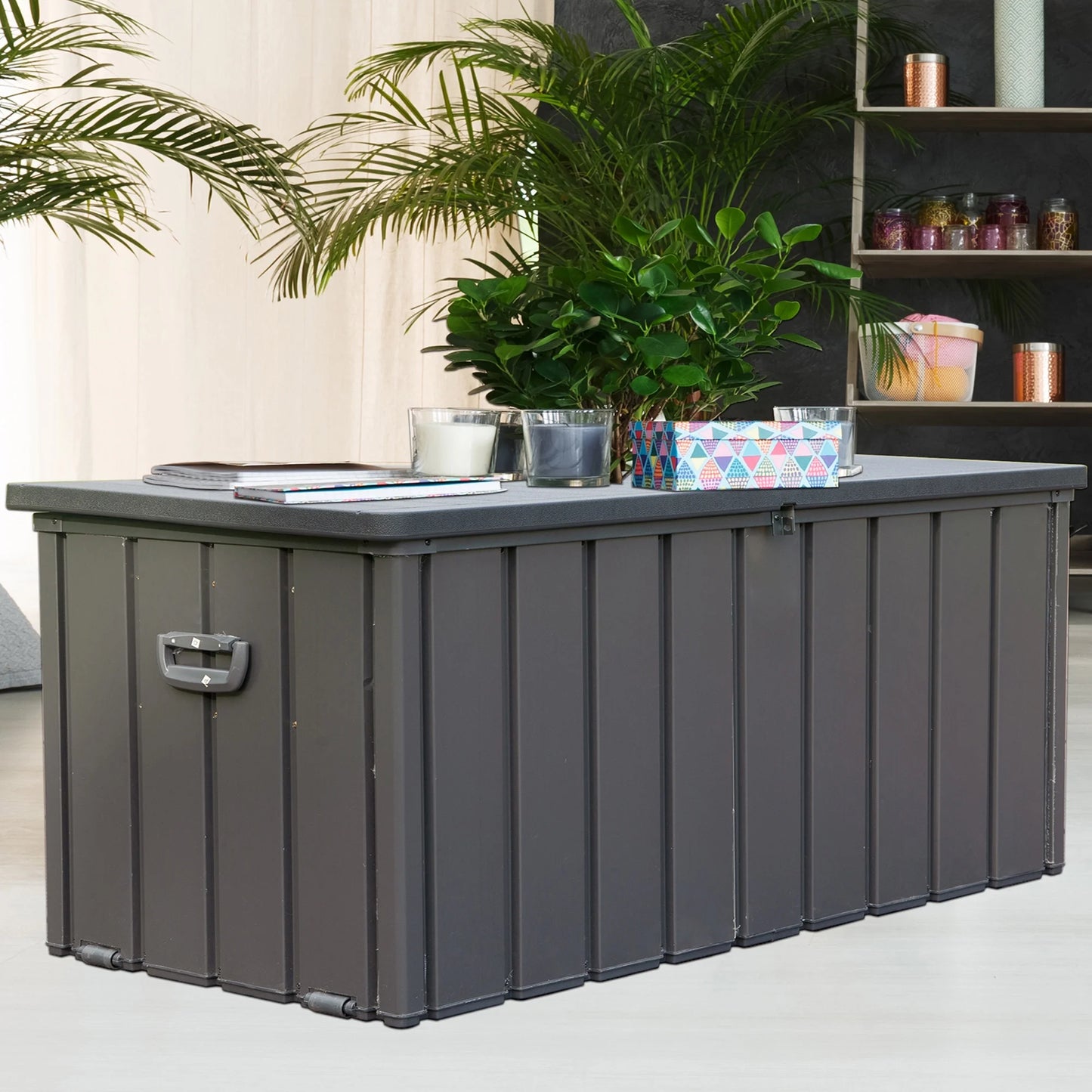 100 Gallon Resin Deck Box, Outdoor Lockable Storage Container for Patio Cushions, Garden Tools, Pool Supplies, Toys, Waterproof and UV Resistant, Dark Gray