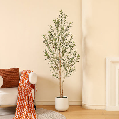 6ft Artificial Olive Tree with 10.5 inch White Planter, Tall Fake Olive Trees with Natural Wood Trunk and Lifelike Fruits, Faux Olive Silk Tree for Home Decor and Gift