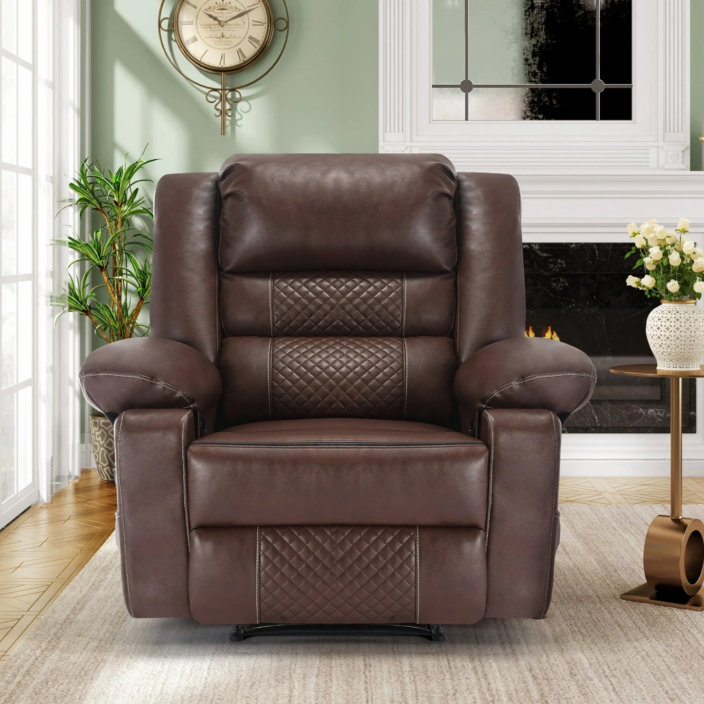 UHOMEPRO Breathable Leather Massage Recliner, Oversize Manual Recliner Chair with Side Pockets, Recliner Adjusted from 90° to 160°, Brown