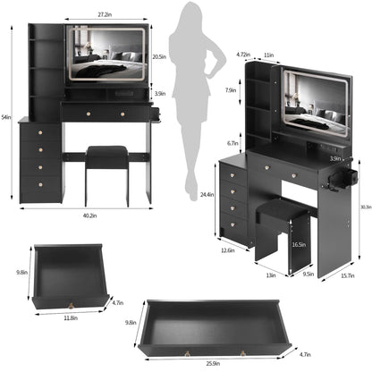 Vanity Set with Mirror and Lights, Modern 41" Lighted Makeup Vanity Table Set with Charging Station, Vanity Desk with Chair Set for Girls, Dressing Table with Drawers for Bedroom, Black