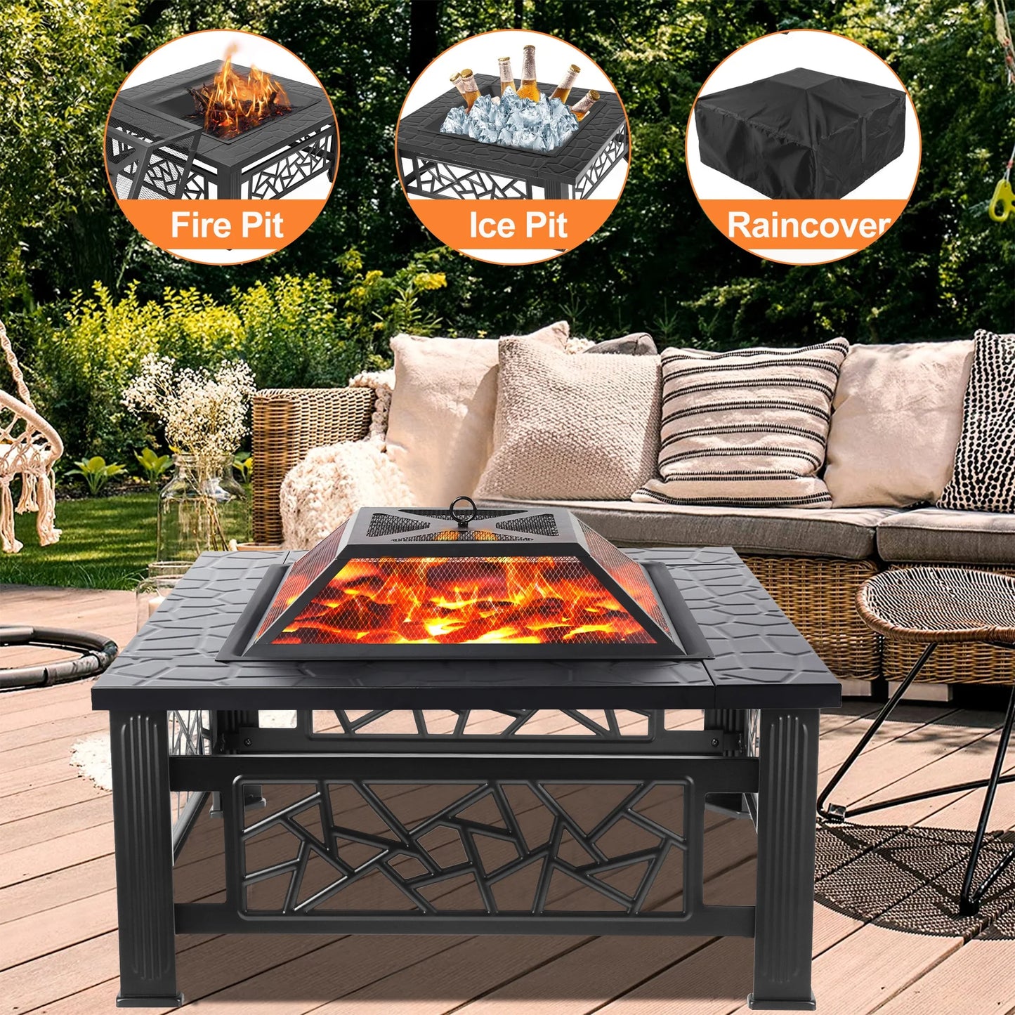 UHOMEPRO 32" Square Fire Pit Table, Portable Wood Burning Outdoor Firepit with Grill & Accessories, Geometric Design for Patio, Backyard, Camping (Black)
