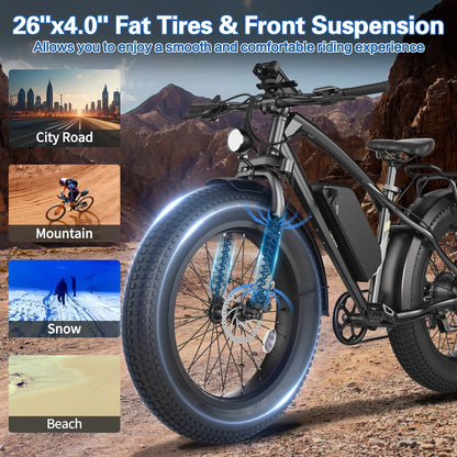 Skeri Electric Scooter, 26" Fat Tire E Bike, 1000W Motor, 48V 13Ah Removable Electric Bike for Adults, 60 Miles & 25 mph, Electric Bicycle with 7 Speed and Front Suspension