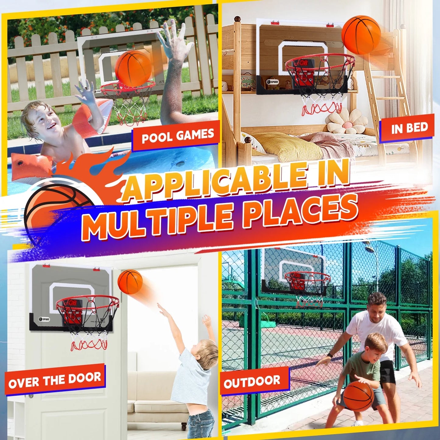 JoyStone Indoor Basketball Hoop for Kids, Mini Basketball Hoop with Electronic Scoreboard and Sounds, Over The Door Basketball Hoop 4 Balls for Kids & Adults