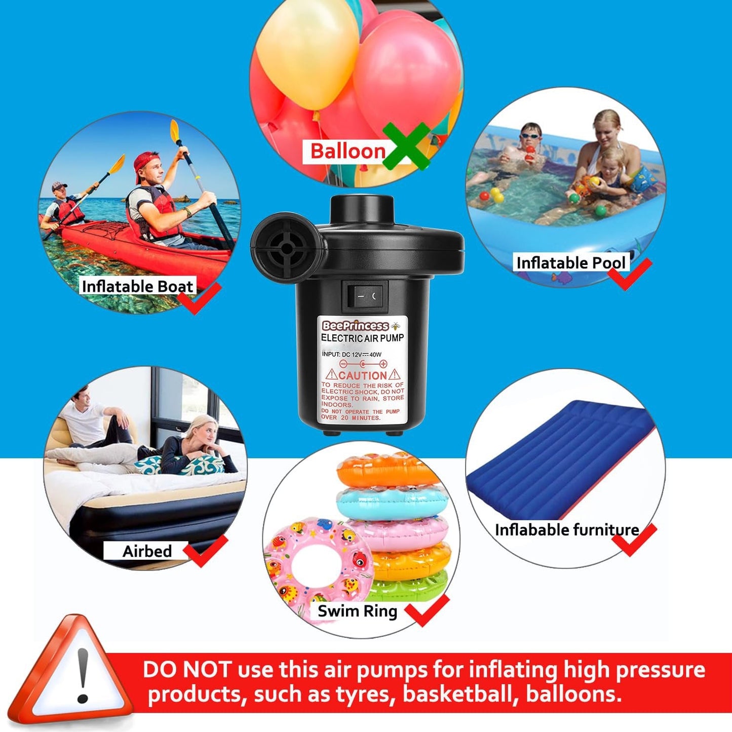 Beeprincess Electric Air Pump 3 Nozzles 110V AC 12V DC Quick Fill Inflator Deflator Inflatable Cushions Mattresses Boats Swimming Rings
